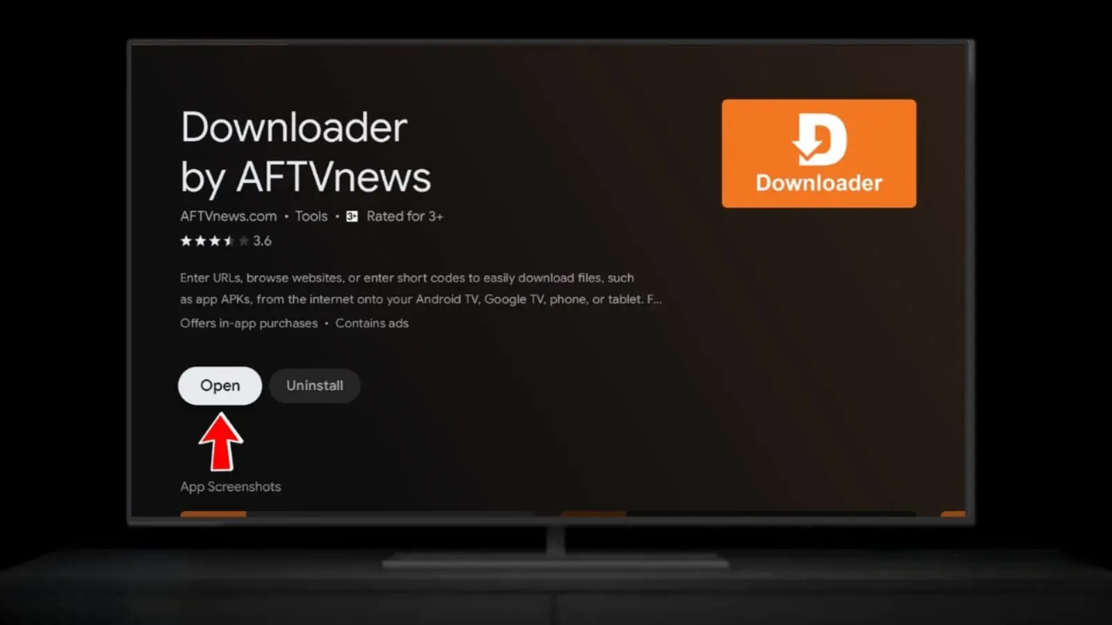 صفحة تطبيق Downloader في متجر التطبيقات مع زر فتح