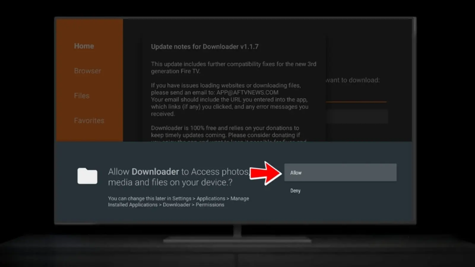 نافذة السماح لتطبيق Downloader بالوصول إلى الملفات